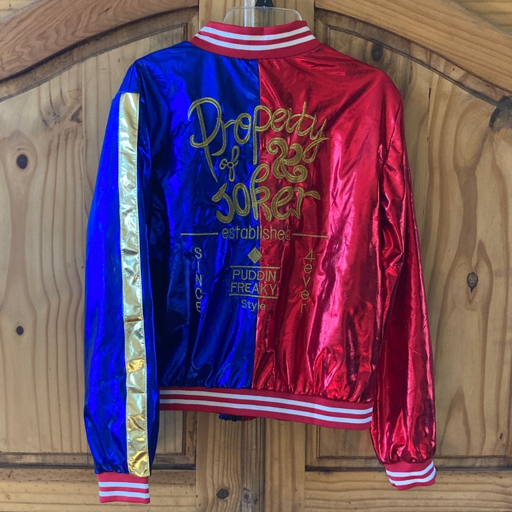 Girls Harley Quinn Joker Puddin Freak red blue gold jacket coat size M (14/16) - Picture 2 of 6